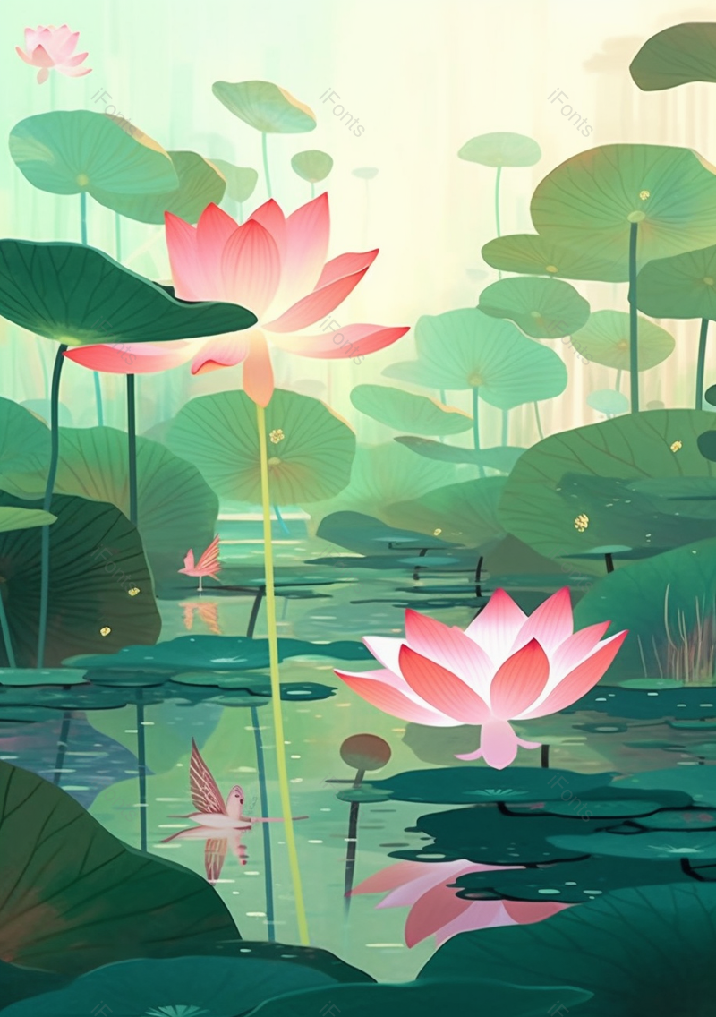 荷花盛开美好舒适植物风景插画壁纸背景,插画/手绘图,插画/手绘图库,插画/手绘图下载,插画/手绘